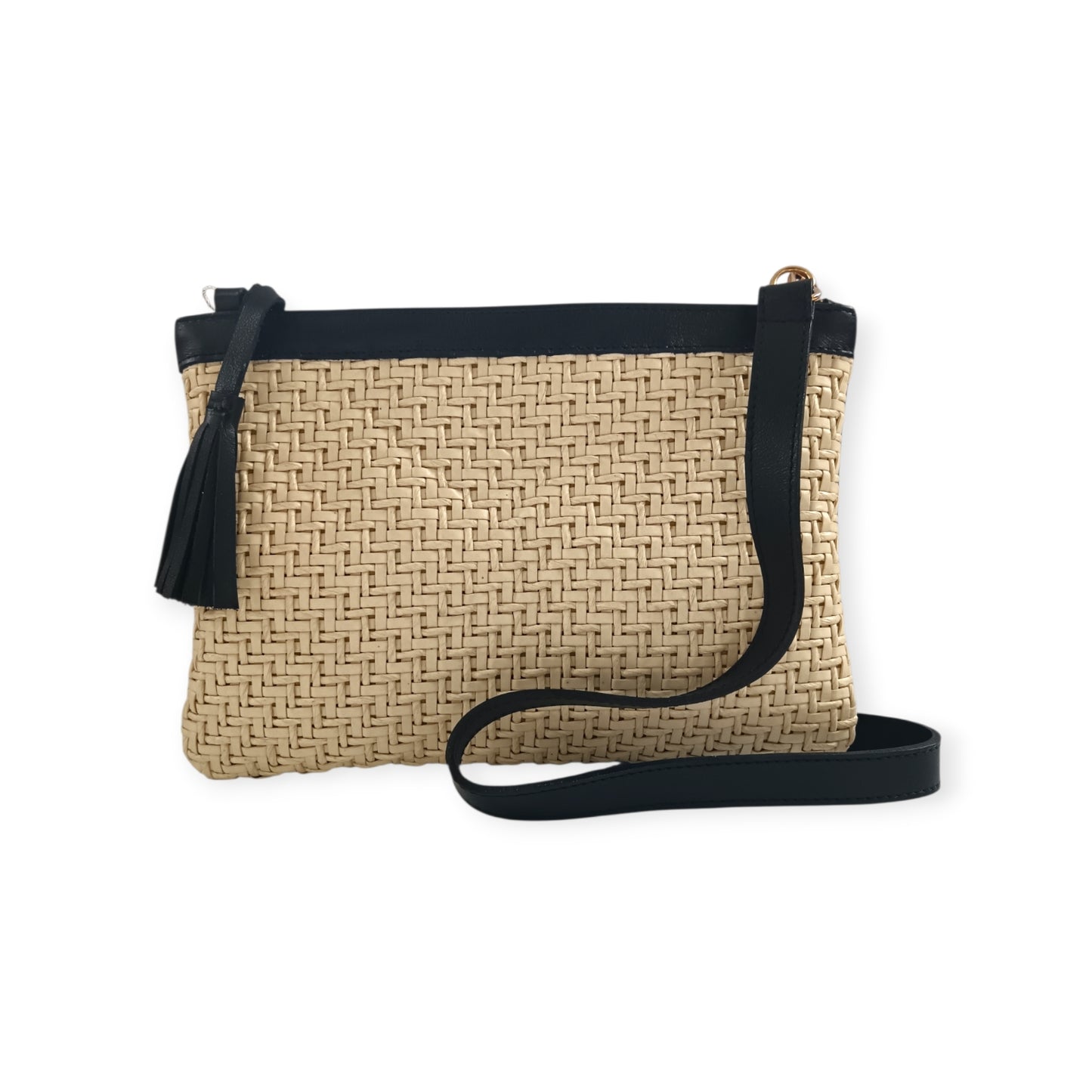 Raffia & Black Leather Sling