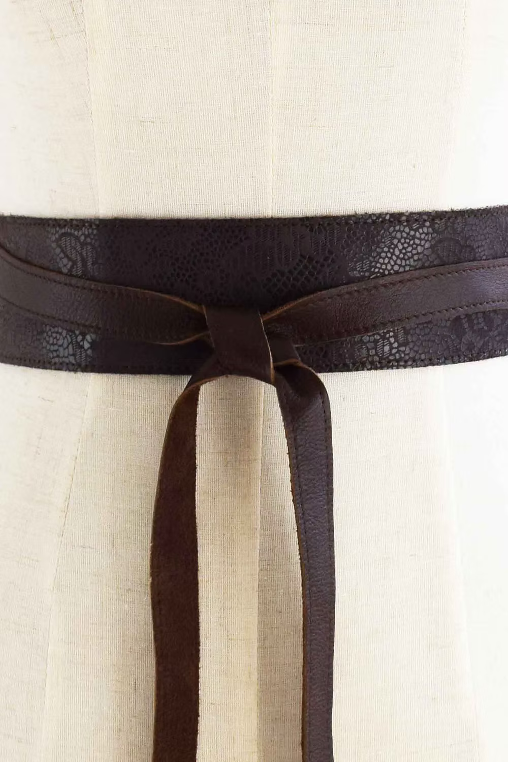 Brown Lace Print Wrap Tie Belt