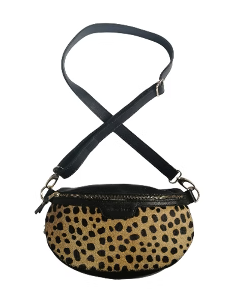 Roomy Black Cheetah Lunar Bag with Leather Strap