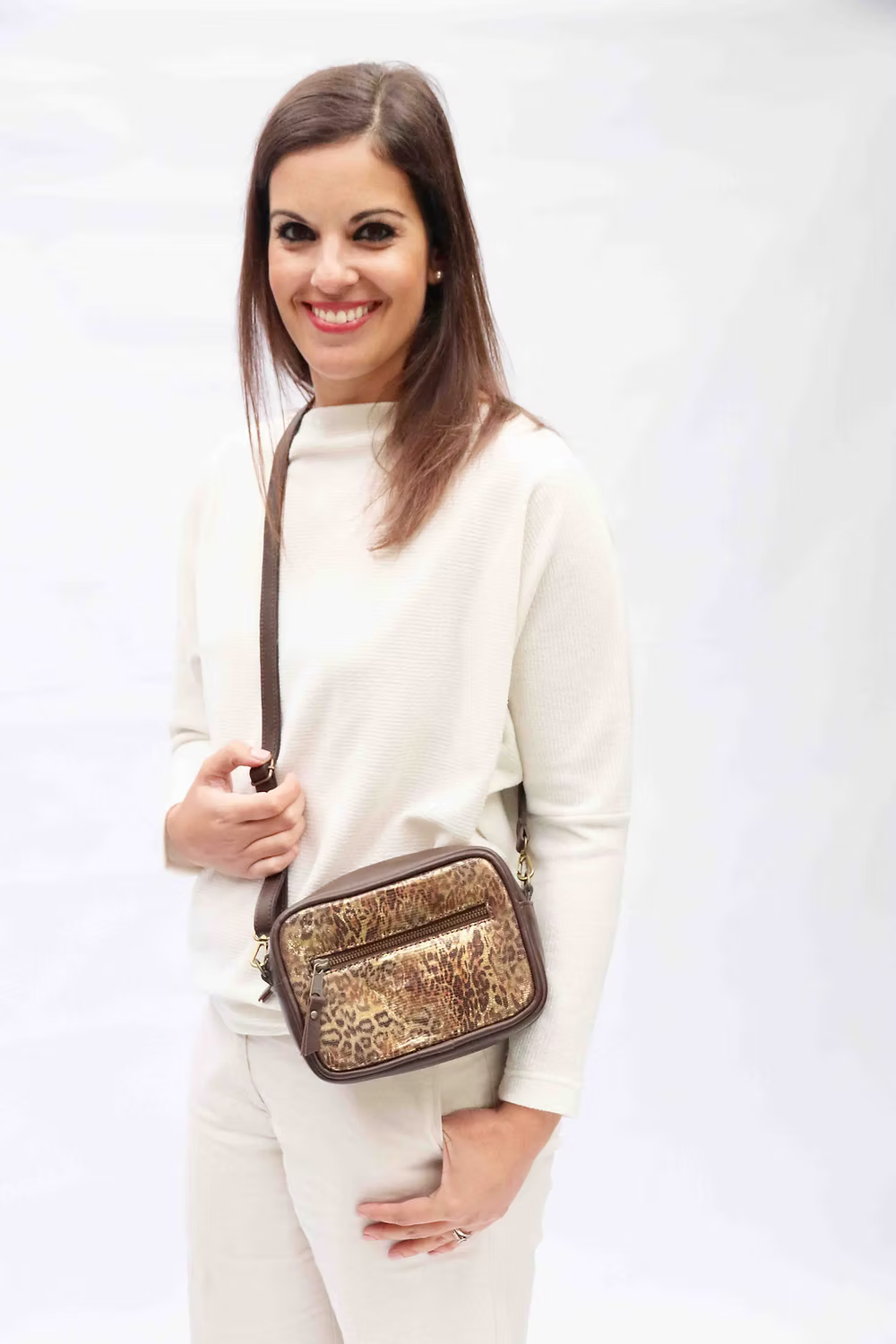 Animal and Brown Small Camera Bag with Leather Strap