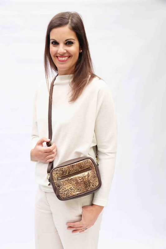 Animal and Brown Small Camera Bag with Leather Strap