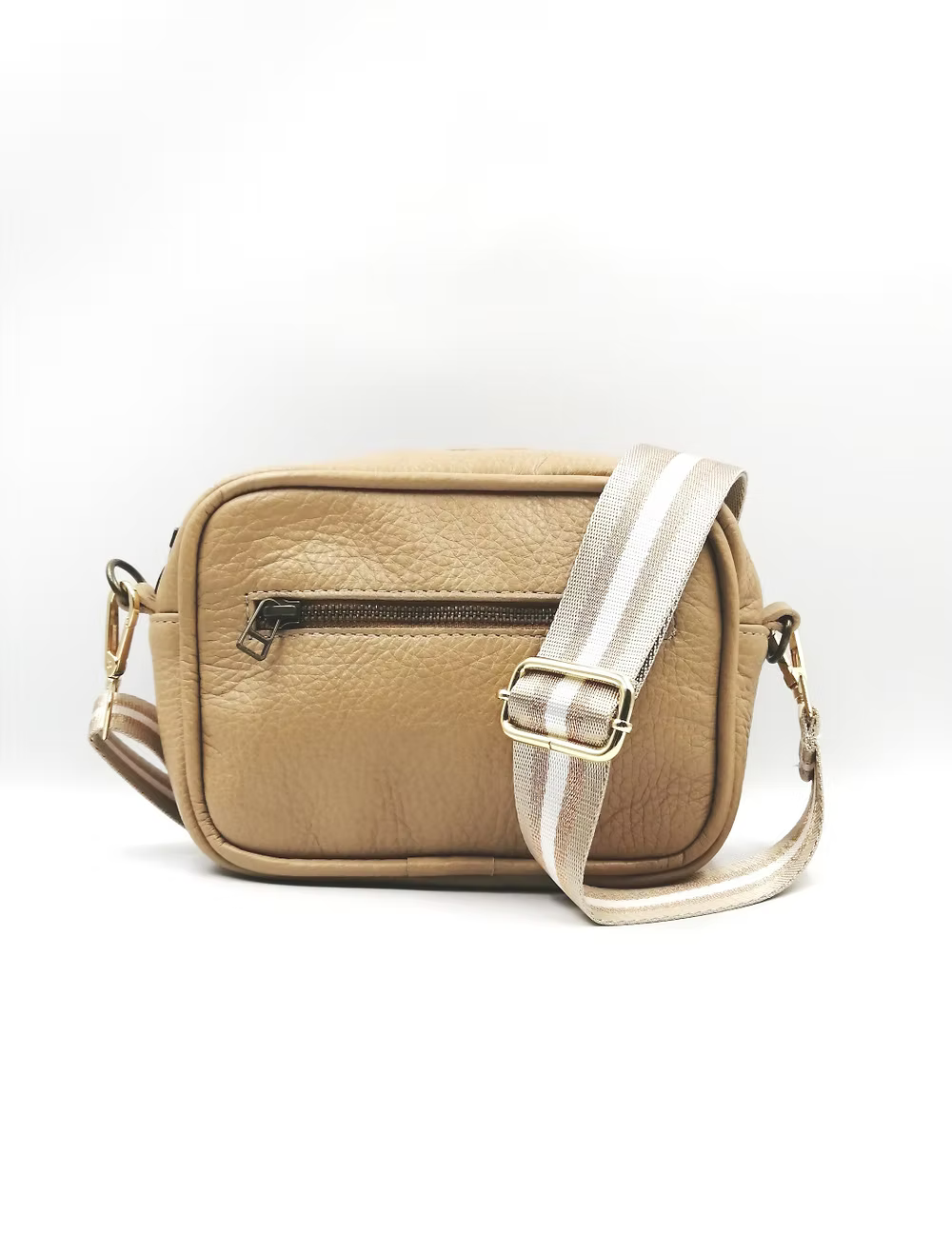 Small Caramel Camera Bag with Metallic Strap