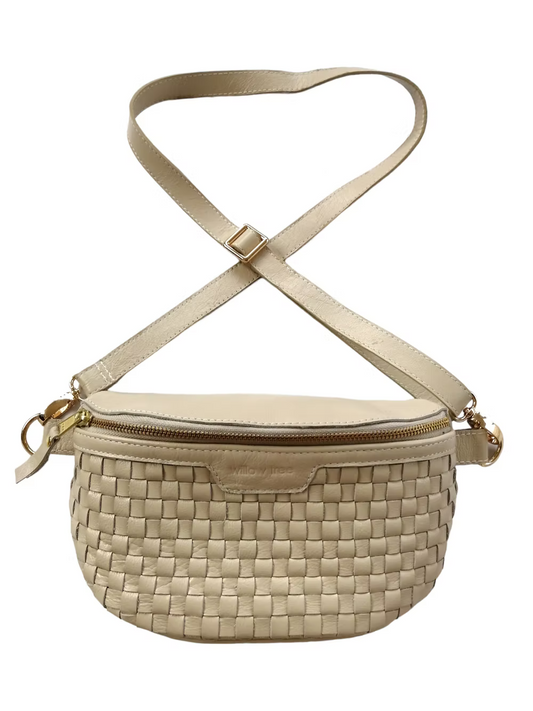 Cream Woven Lunar Bag with Leather Strap